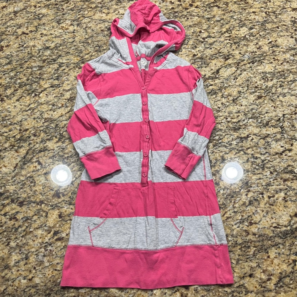 Aeropostale Pink Gray‎ Striped Hoodie Dress Henley Kangaroo Pocket Medium Y2K